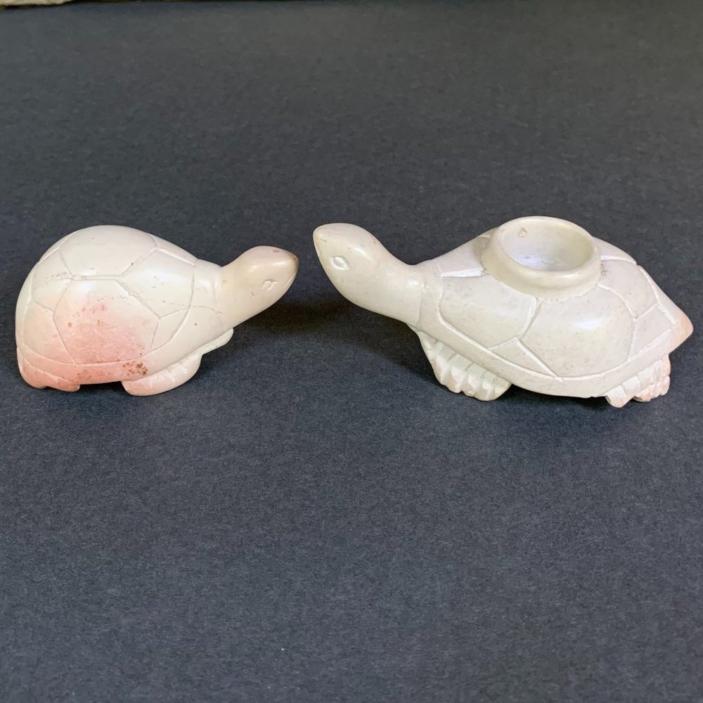2 Soapstone Turtles Candle Holder Figurine Hand Carved Decor Stone
